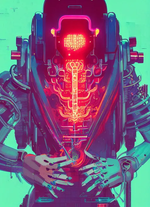 Prompt: character design, cyberpunk nezha resurrected in mechanical lotus, concert poster retro, conrad roset, greg rutkowski, flume cover art