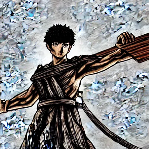 Prompt: Jesus posing with a giant wooden cross as weapon, in the style of Berserk by Kentaro Miura