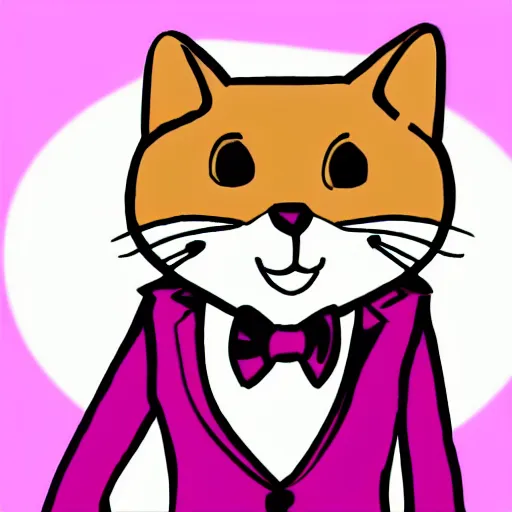 Image similar to in the style of elysecastro, cartoon anthropomorphic cat, male, waring a pink tux, brown furr