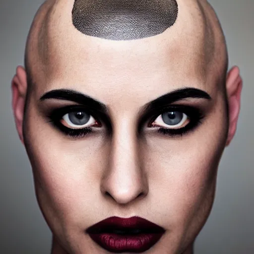 Image similar to a portrait of a bald goth female, dark eyes, dark hair, olive skin, depth of field, zeiss lens, detailed, centered, artstation, fashion photoshoot, by Annie Leibovitz and Steve McCurry, David Lazar, Jimmy Nelsson, Breathtaking, 8k resolution, extremely detailed, beautiful, establishing shot, artistic, hyperrealistic, beautiful face, octane render