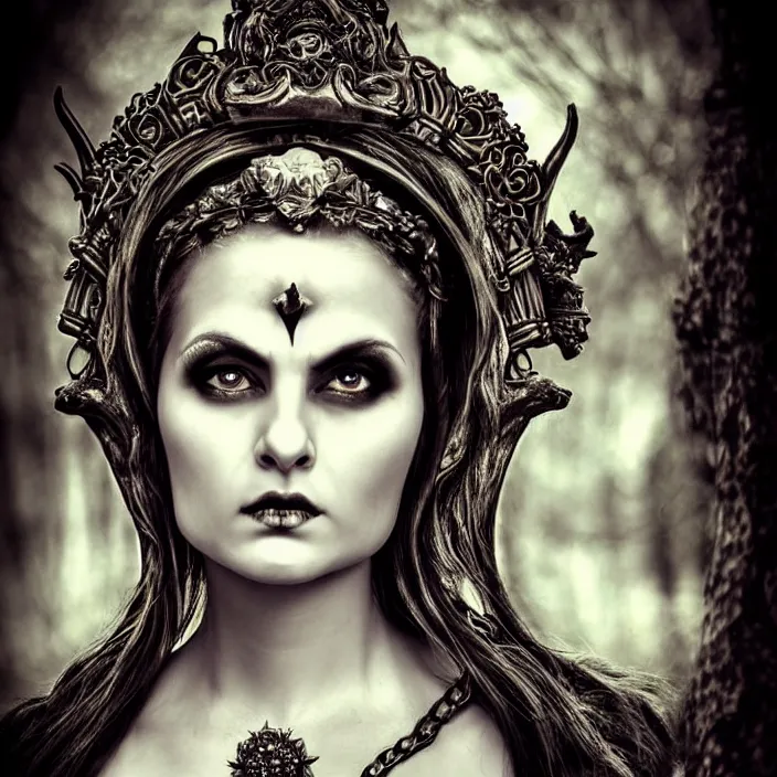 Prompt: perfectly centered portrait, close up, candid photography, goddess of death, by anne stokes, updo, highly detailed