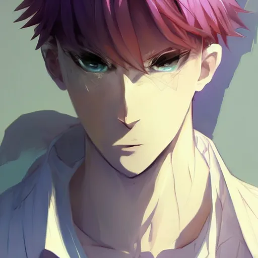 Prompt: Tall anime guy with glowy blue eyes, highly detailed angry anime face, blue hair wearing bordeaux shirt and white elegant jacket drawn, in a fighting stance, digital painting, artstation, concept art, soft light, hdri, smooth, sharp focus, illustration, art by tian zi and craig mullins and WLOP and alphonse mucha, MIHOYO STYLE visual novel sprite, character design