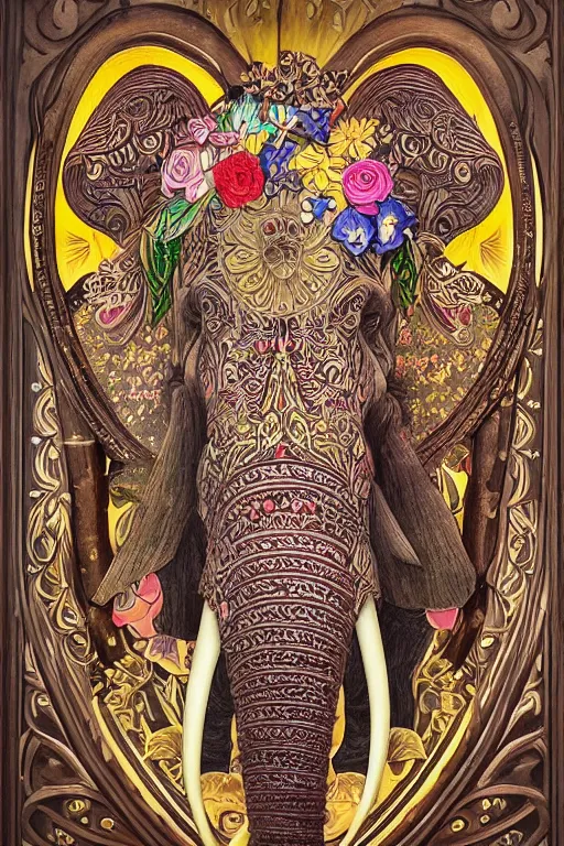 Image similar to Painted dark-wood panel relief carving of a close up of a Flowerpunk Matriarch Elephant, ornate border frame, explosion of colorful flowers, dark wood, intricately carved, black ink, festival of rich colors, intricate details, cinematic lighting, volumetric lighting, post-processing, art nouveau, by andreas rocha and john howe, and Martin Johnson Heade, featured on artstation, featured on behance, golden ratio, hyper detailed, photorealistic, epic composition, center spotlight, f32, well composed, symmetrical, UE5, 8k