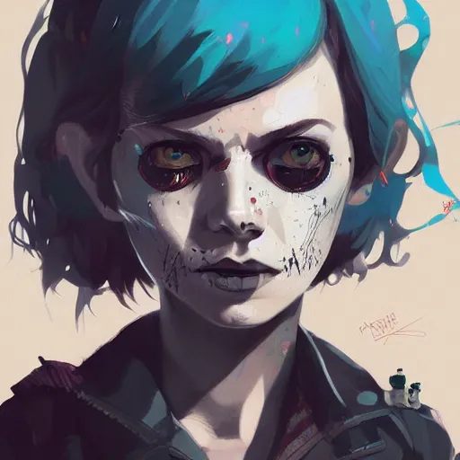 Image similar to Highly detailed portrait of a punk zombie young lady by Atey Ghailan, by Loish, by Bryan Lee O'Malley, by Cliff Chiang, ((dark blue moody background))