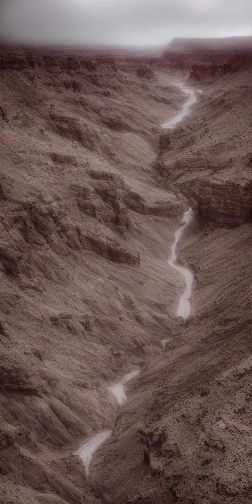 Prompt: dream looking through a hyper realistic photograph of a barren dusty canyon, minimal structure, misty, raining, icelandic valley, small stream, in the style of reuben wu, roger deakins