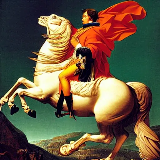 Image similar to Napoleon on a giant eagle painted by Jacques-Louis David