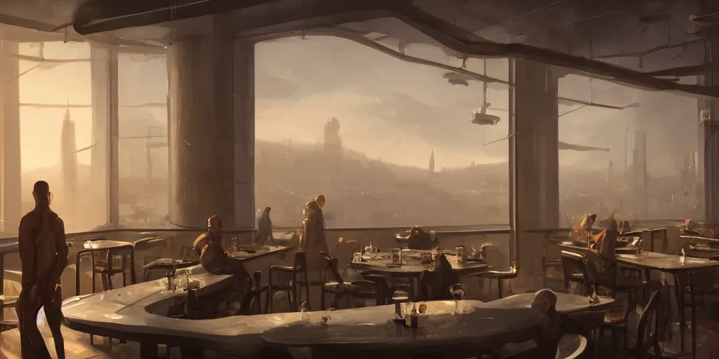 Prompt: science-fiction bar, evening, jazzy, big patio door, luxury, interior design, matte painting, RAPHAEL LACOSTE, greg rutkowski, james gurney, artstation