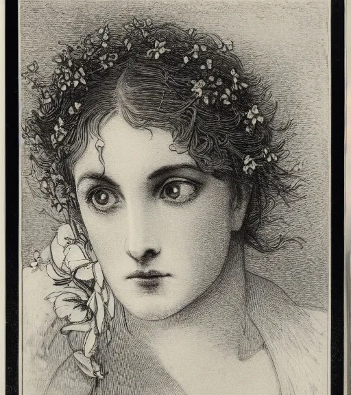 Image similar to black and white, extreme close-up, dark light, woman face in flowers, Gustave Dore lithography