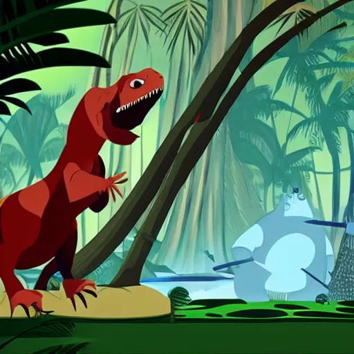 Image similar to tyrannosaurus in the jungle, genndy tartakovsky, samurai jack