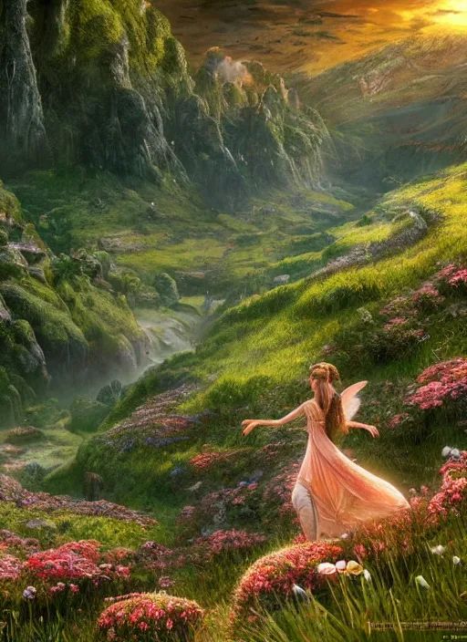 Prompt: a beautiful fairy in the lord of the rings scenery landscape, looking out at a vast lush valley of flowers and mushroom structures, sunrise, god's rays highly detailed, vivid color, cinematic lighting, perfect composition, 8 k, gustave dore, derek zabrocki, greg rutkowski, belsinski, octane render