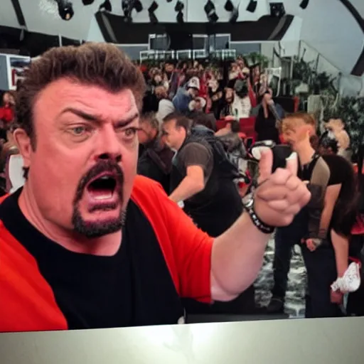 Prompt: robb wells. pointing at the camera, shouting mean words, angry, red faced. fisheye lens