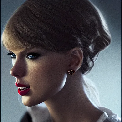 Prompt: a front - faced clear close - up studio portrait of taylor swift looking to her right with her eyes closed, dramatic cinematic lighting, trending on artstation, fine details, 8 k, highly detailed, beautifully composed