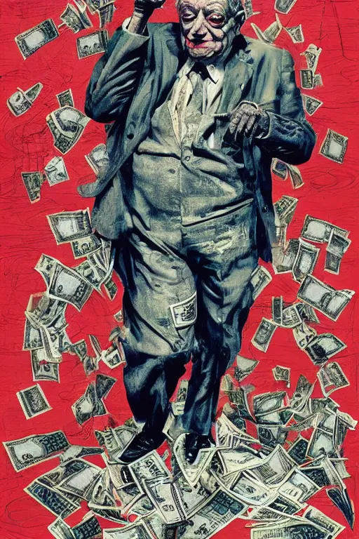 Image similar to George Soros full body shot, dollar bills Body horror, biopunk, by Ralph Steadman, Francis Bacon, Hunter S Thompson