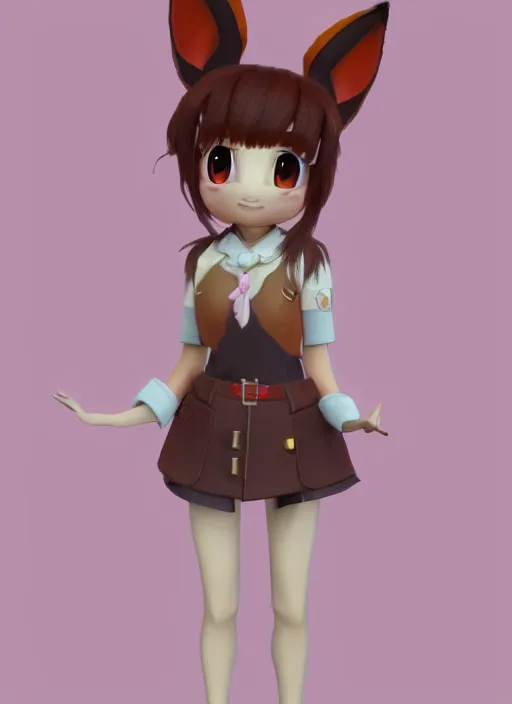 Image similar to female eevee mini cute girl, character adoptable, highly detailed, rendered, ray - tracing, cgi animated, 3 d demo reel avatar, style of maple story and zootopia, maple story eevee, fluffy, dark skin, cool clothes, soft shade, soft lighting