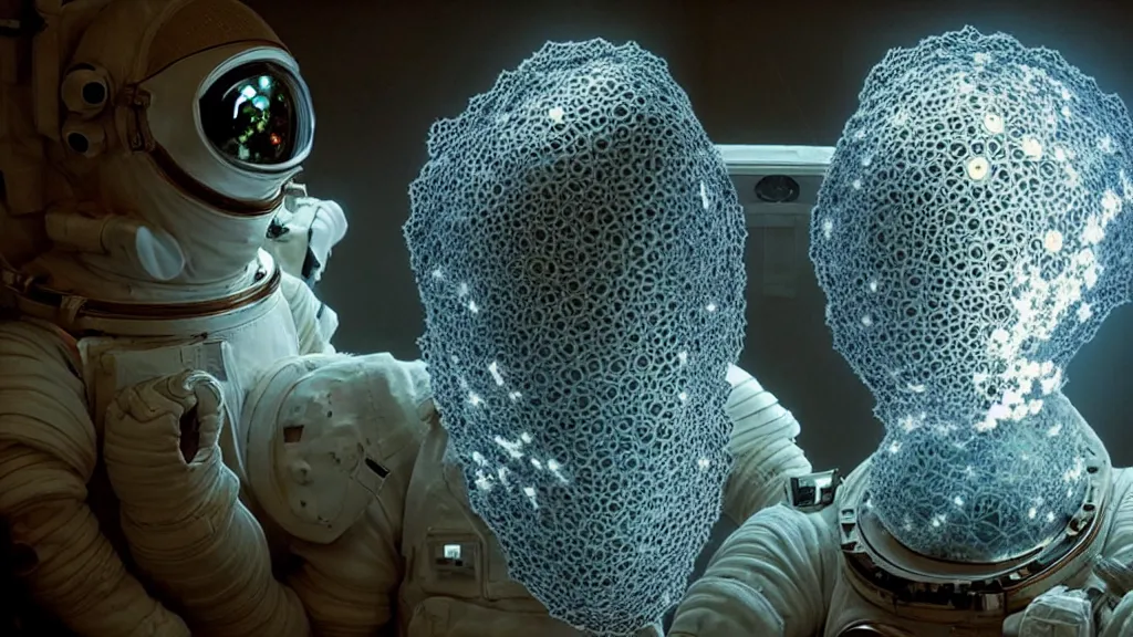 Image similar to a single astronaut eva suit made of diamond 3d fractal lace iridescent bubble 3d skin and covered with insectoid compound eye camera lenses floats through the living room, film still from the movie directed by Denis Villeneuve with art direction by Salvador Dalí, wide lens,