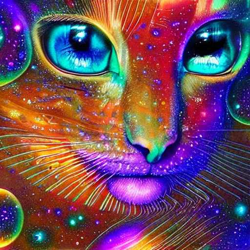 Image similar to a galaxy colored psychedelic chakra awakening kundalini ethereal portrait of a cat with her eyes closending to a higher plane of existence, eternal blessing, multiverse, by android jones, by ben ridgeway, visionary art, by artgerm, featured on artstation, cgsociety, by greg rutkowski