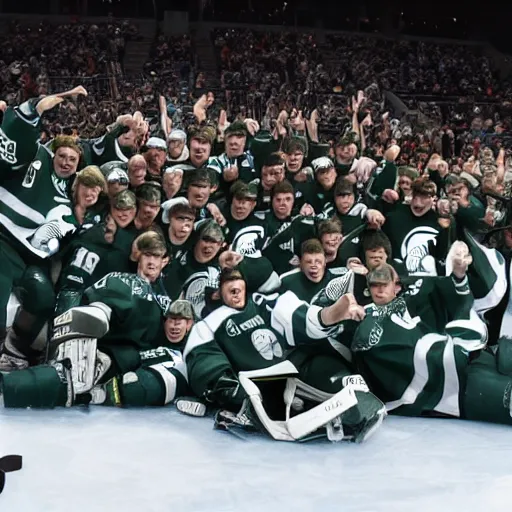 Image similar to Michigan state ice hockey wins national championship in NHL 22 video game, team picture, rendered in unreal engine