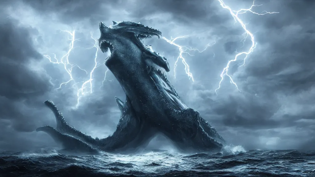 Prompt: A leviathan rising out of a stormy sea with dramatic lightning, concept art, matte painting, 8k, highly detailed, artstation