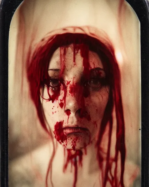 Image similar to an instant photo of a beautiful but sinister ghost in layers of fear, with violence in his eyes, 1 9 7 0 s, seventies, woodlands, delicate embellishments, a little blood, crimson, painterly, offset printing technique, mary jane ansell