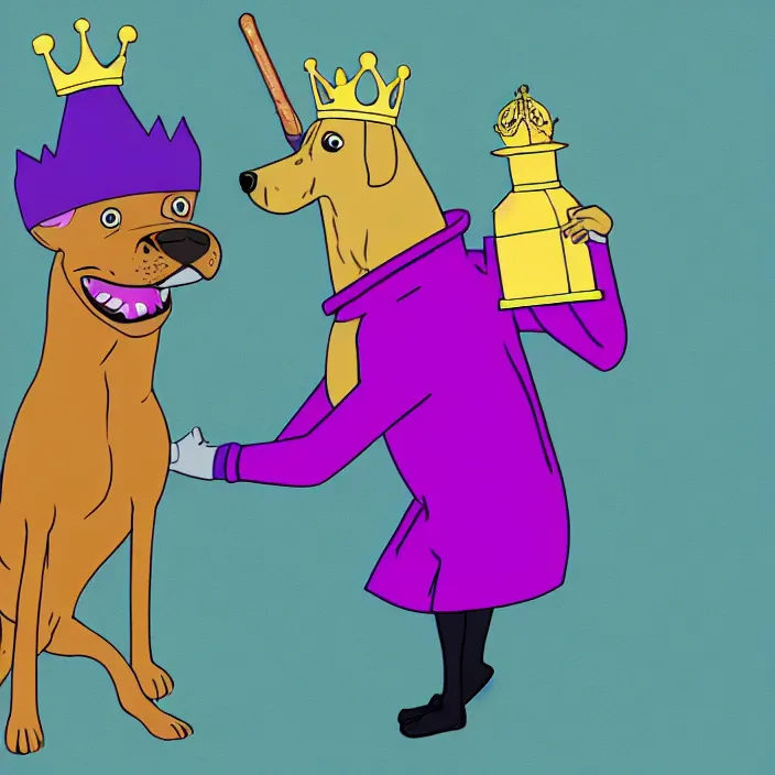 Image similar to a digital drawing of an anthropomorphic dog wearing a purple hoodie and a crown, smashing a golden trophy with a baseball bat. in the style of bojack horseman.