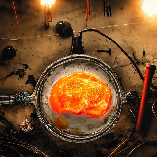 Image similar to fried egg in a red hot frying pan, tangles of metallic cables, dark messy smoke - filled cluttered workshop, dark, dramatic lighting, orange tint, sparks, plasma charges, cinematic, highly detailed, sci - fi, futuristic, movie still