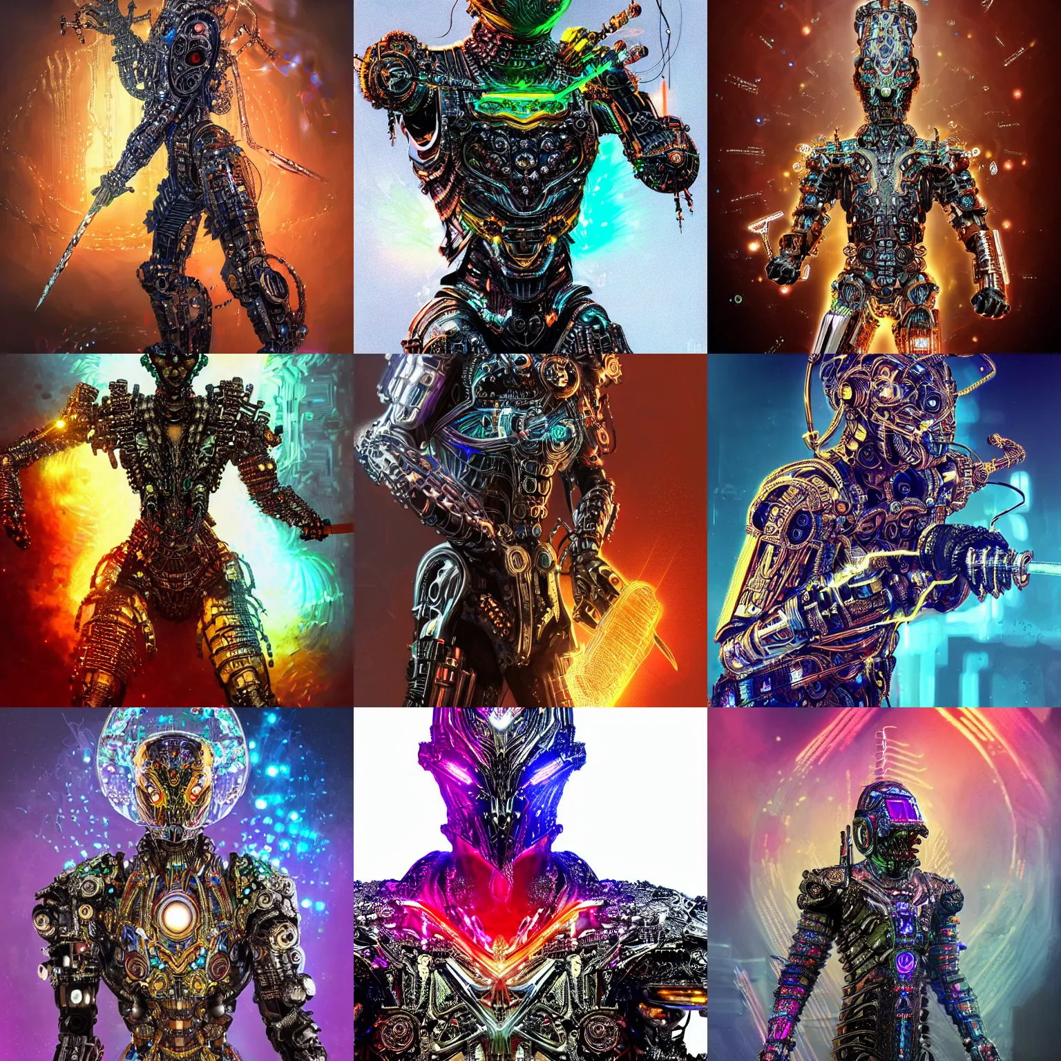 Prompt: A warrior entity wearing a partially cybernetic intricate body brandishes a powerful sword (concept art, intricate futurism, scifi, intricate black armor encrusted in iridescent microchips and ornate precious colorful crystals, highly detailed elegant cybernetic body, iridescent, vivid colors, iridescent glistening smoke, digital painting, gold sparks, artstation, concept art, smooth, sharp focus, illustration, award winning on artstation)