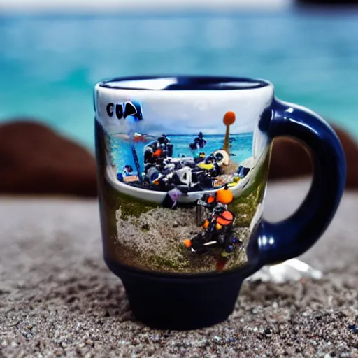 Prompt: tilt-shift photography of a group of scuba divers inside of a coffee mug, 8k, highly detailed, realistic