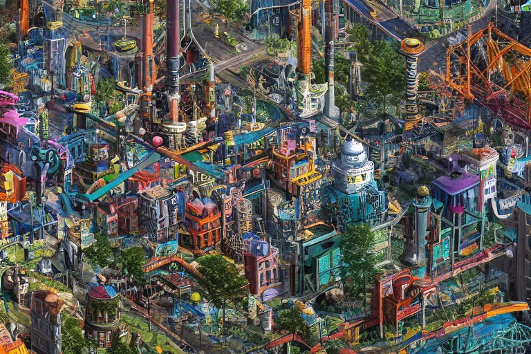 Image similar to an elaborate penned illustration of a colorful intricate connected city of tubes and pipes, by jan van haasteren and jheronimus bosch, unreal engine, physically based rendering, ariel view, tilt - shift