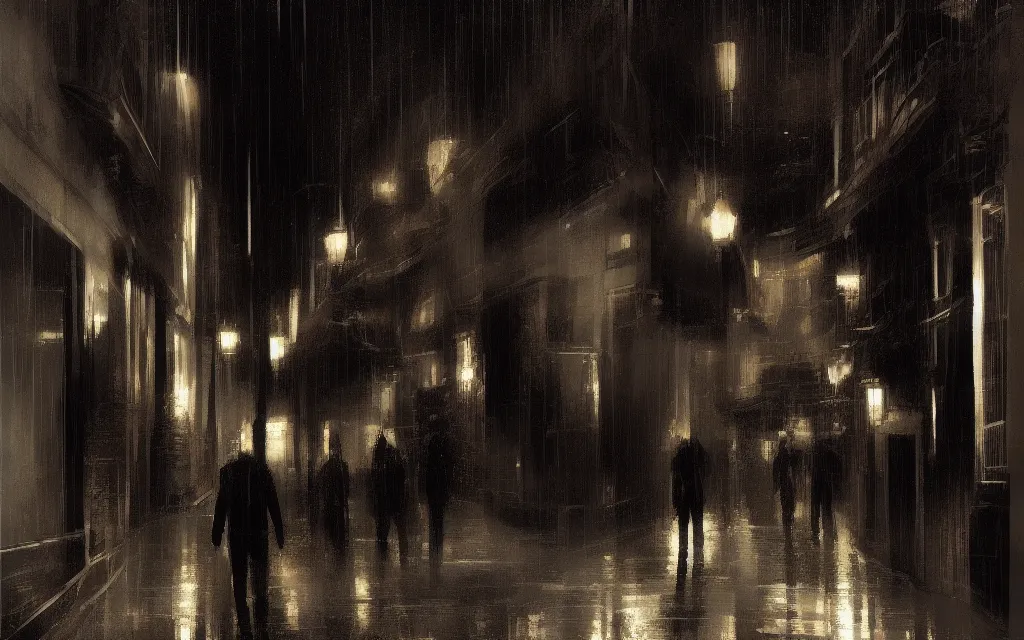 Image similar to concept art, dark wet london alley at night, by ashley wood, by roger deakins, in the style of syd mead atmospheric