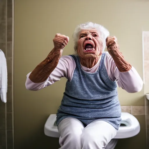 Image similar to elderly woman screaming on a toilet, canon eos r 3, f / 1. 4, iso 2 0 0, 1 / 1 6 0 s, 8 k, raw, unedited, symmetrical balance, wide angle