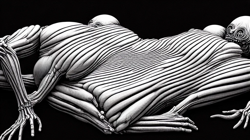 Image similar to comfortable bed that makes me want to sleep, hyperdetailed, artstation, cgsociety, style of Giger, H. R. GIGER, style of Junji Ito, 4K, highly detailed, minimalistic, minimalistic, minimalistic, fine tuned, machina