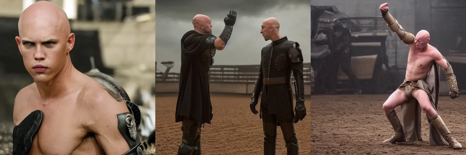 Prompt: bald ominous brooding Austin Butler as Feyd-Rautha Harkonnen fighting in an arena