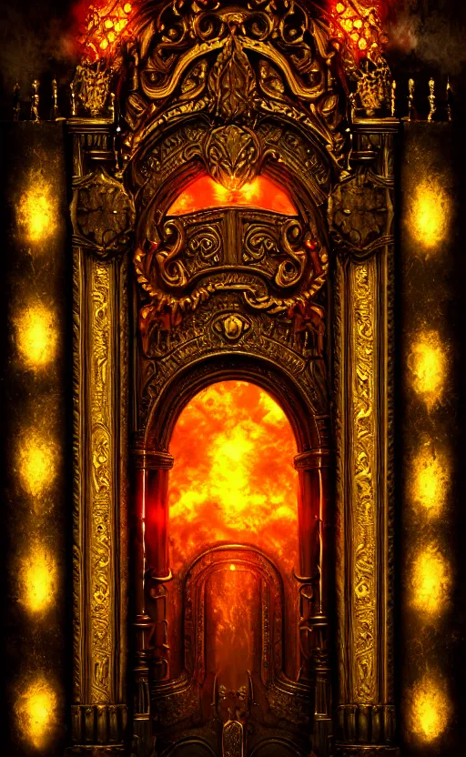 Image similar to a ornamental gate into hell, gold, ornament, intarsia, portal, doorway, dynamic lighting, ambient lighting, atmospherical, photorealistic fantasy concept art, trending on art station, stunning visuals, creative, cinematic, ultra detailed