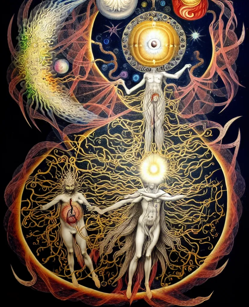 Image similar to a strange mythical creature radiates a unique canto'as above so below'while being ignited by the spirit of haeckel and robert fludd, breakthrough is iminent, glory be to the magic within, in honor of jupiter's day, painted by ronny khalil