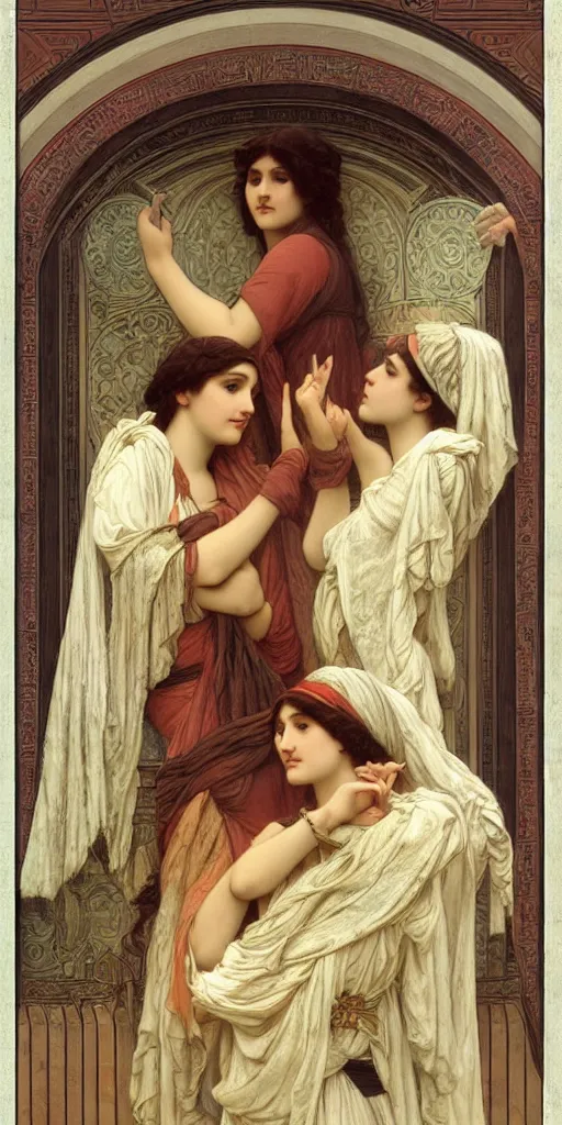 Prompt: at the gate of the temple by john william godward painted by alphonse mucha