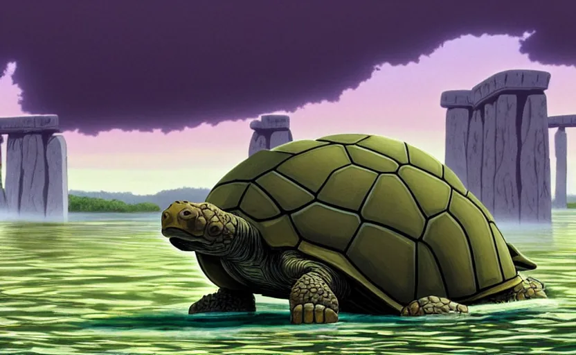 Prompt: a hyperrealist cell - shaded cartoon movie still from howl's moving castle ( 2 0 0 4 ) of a giant mechanized tortoise in a flooded stonehenge. a rainforest is in the background with shafts of sunlight from above. very dull muted colors, hd, 4 k, hq