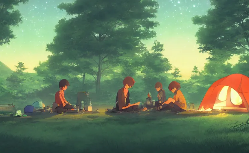 Prompt: camping under the starlight, anime concept art, illustrated by Makoto Shinkai, 4k