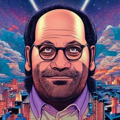 Prompt: the second coming of george costanza, by dan mumford, yusuke murata, makoto shinkai, ross tran, cosmic, heavenly, god rays, intricate detail, cinematic, 8 k, cel shaded, unreal engine, featured on artstation, pixiv