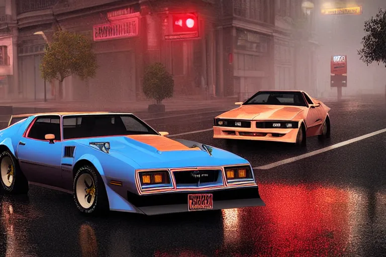 Image similar to hyperdetailed, photorealistic photograph of a 1 9 8 2 pontiac firebird trans - am drifting in the streets, rain, night, dense fog, hd, unreal engine 5 by greg rutowski, by stanley artgerm, by alphonse mucha