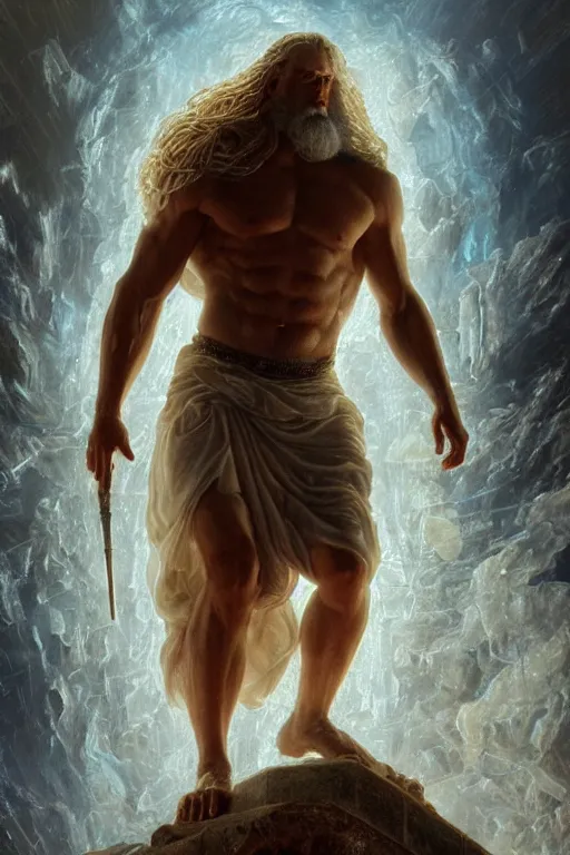 Image similar to hyperrealistic mixed media painting of zeus, full body, stunning 3 d render inspired art by p. craig russell and barry windsor - smith dim volumetric lighting, 8 k octane beautifully detailed render, post - processing, intricate, epic composition, grim yet sparkling atmosphere, cinematic lighting