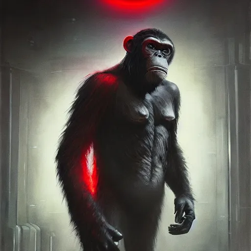 Prompt: a cyberpunk ape from planet of the apes, with one red glowing eye sitting on top of a tank, villain character art, scars, by chris leib and greg rutkowski and android jones in a dark fantasy cyberpunk style, oil on canvas, volumetric lighting, 8k, hd.