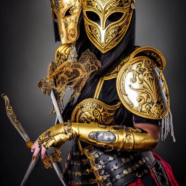 Prompt: full body portrait photo of a female warrior with ornate venetian mask and armour, highly detailed, 8 k, hdr, close up, smooth, sharp focus, high resolution, award - winning photo