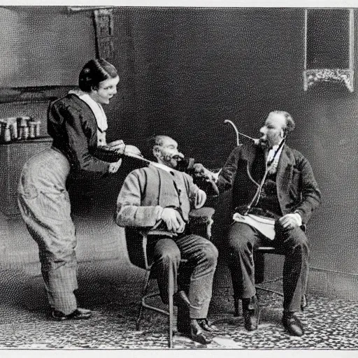 Image similar to a visit to a dentist back in 1 8 9 2