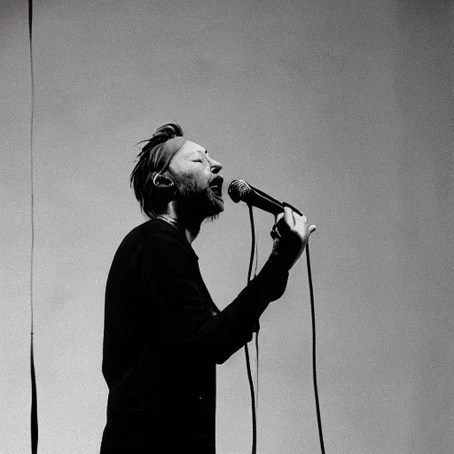 Prompt: Thom Yorke singing into a microphone, a photo by John E. Berninger, trending on pinterest, private press, associated press photo, angelic photograph, masterpiece