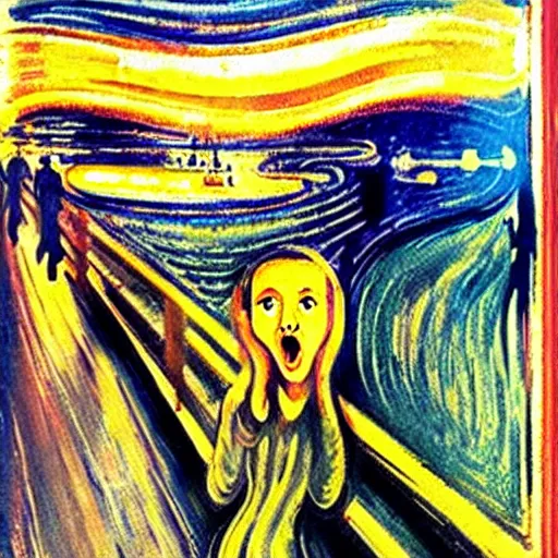 Image similar to the mona lisa screaming with hair on fire by edvard munch