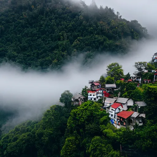 Prompt: village on a steep cliff side, wide angle, fog layer, foliage, far away shot