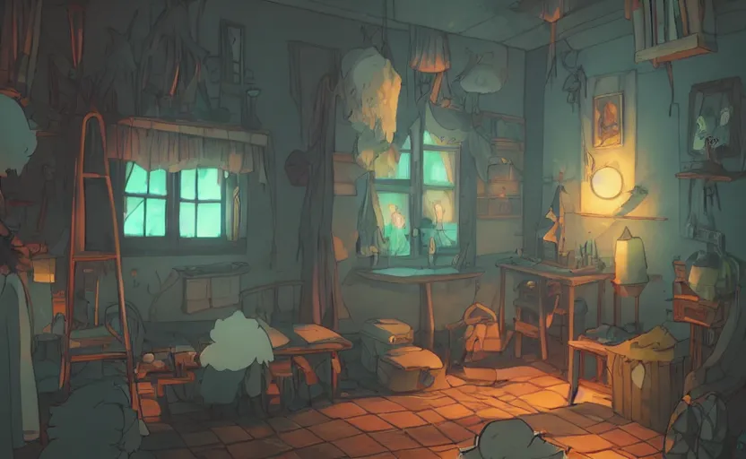 Image similar to a witch's room, crystal lights, mysterious atmosphere, cel - shading, cinematic, artstation, studio ghibli, miyazaki, highly details