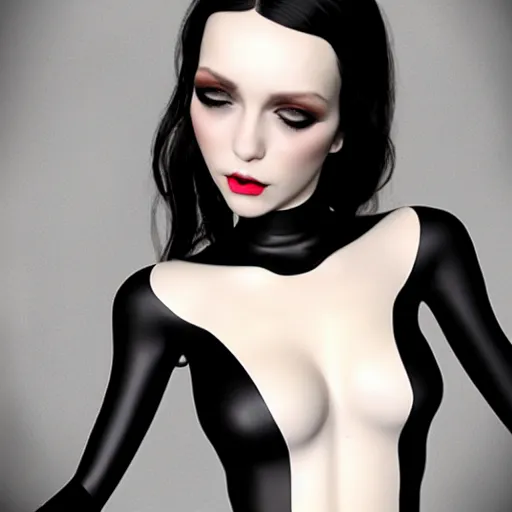 Image similar to feminine elegant pale goth beauty with black and curvy tight black nylon outfit, cgsociety, realistic, highly detailed, attractive, 16k, smooth, sharp focus, trending on ArtStation, hyperdetailed, volumetric lighting