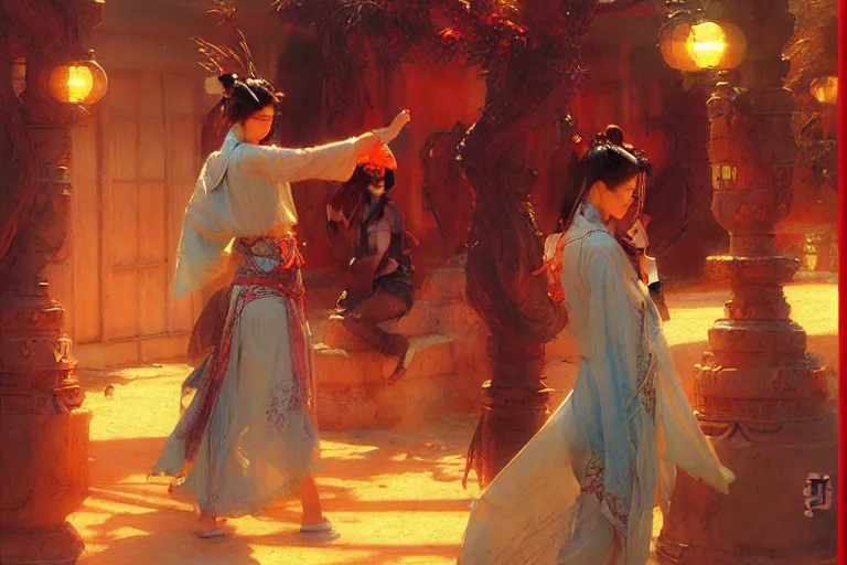 Image similar to wuxia, summer, neon light, painting by gaston bussiere, craig mullins, j. c. leyendecker