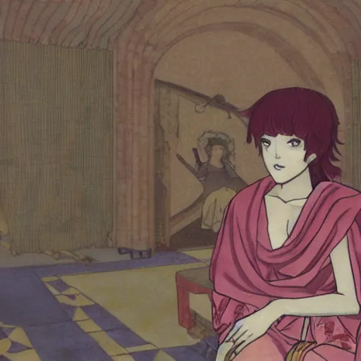 Prompt: Dido of Carthage in her palace, relaxed and candid, anime portrait by Satoshi Kon and Junji Ito